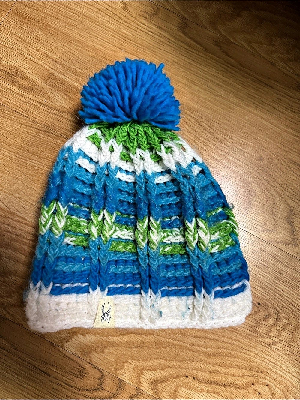 Spyder Knit Pom-Pom Hat in Blue & Green